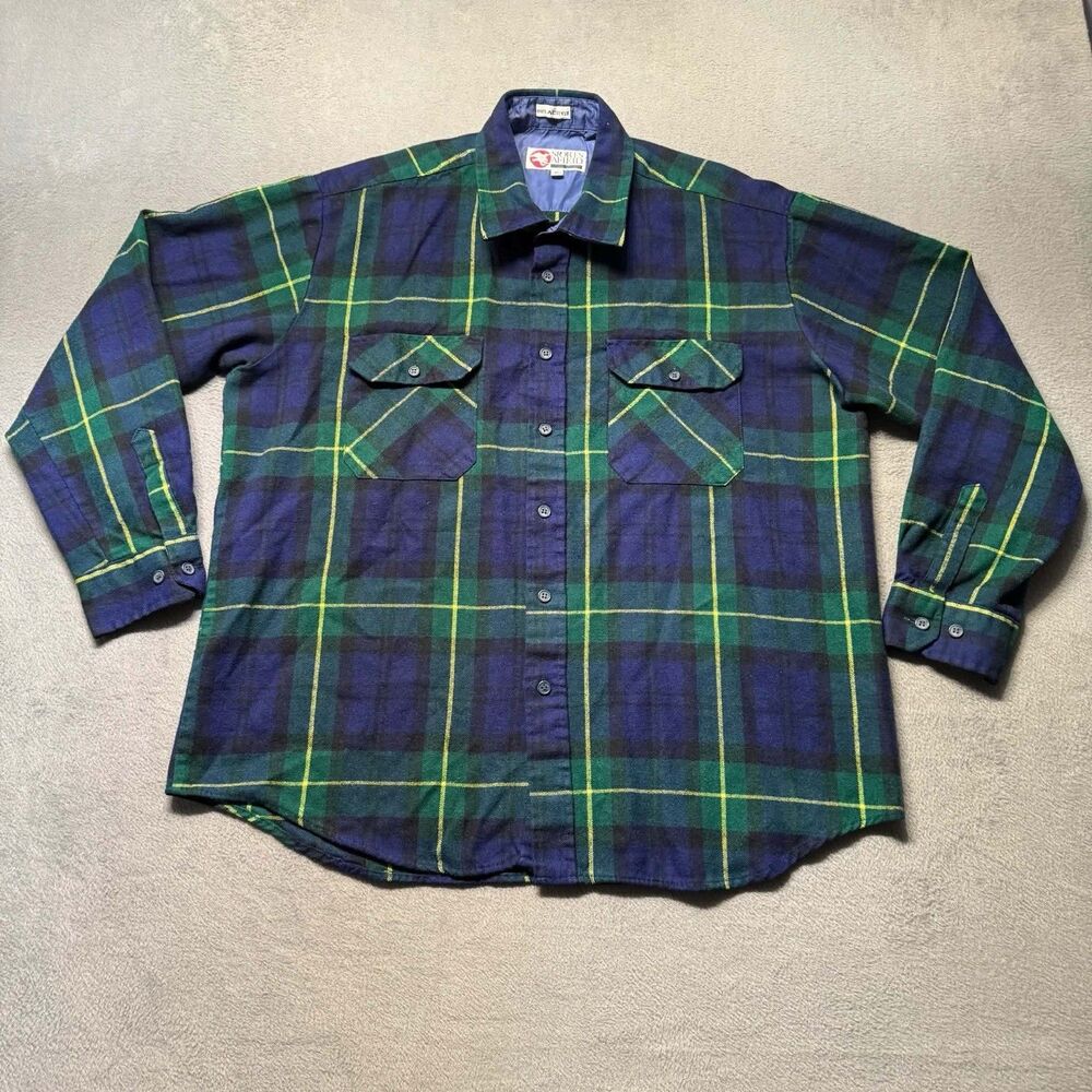 Sports Afield Mens XL Flannel Shirt Blue Green Plaid Outdoor Heavy Vintage EUC